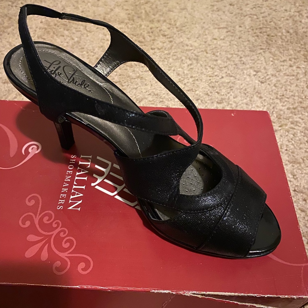 Life Stride Black Slingback Peep-Toe Heels